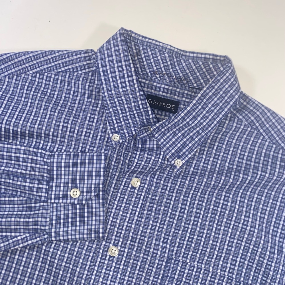 George Mens Blue White Micro Check Button Down Shirt Long Sleeve‎ L 2984